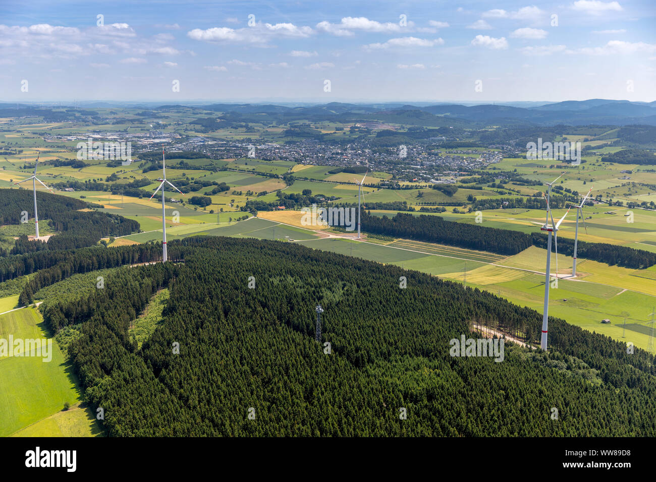 Wind farm between AltenbÃ¼ren and Brilon, wind power station, small heathland, Brilon, Sauerland, North Rhine-Westphalia, Germany Stock Photo