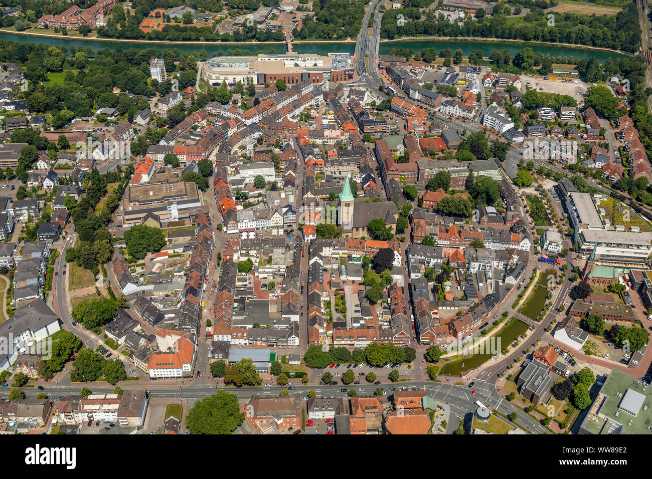 Overview of the Dorsten town center with Westwall, SÃ¼dwall, Ostwall, SÃ¼dgraben, Ostgraben and market square, view from the south, Dorsten, Ruhrgebiet, North Rhine-Westphalia, Germany Stock Photo