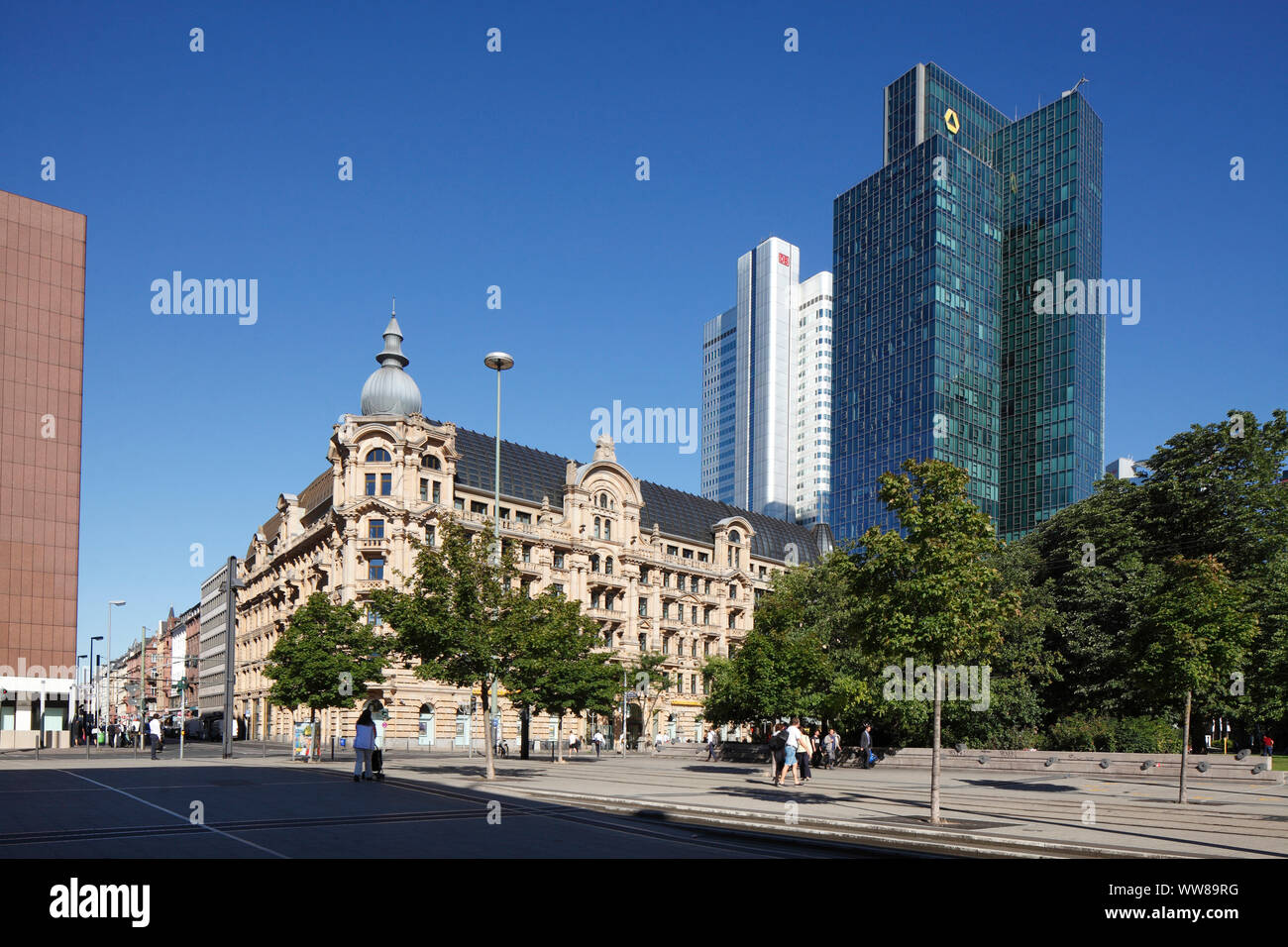 Gründerzeit buildings, former palace hotel Fürstenhof at Willy-Brandt-Platz. Hotel Fürstenhof-Esplanade, high-rise buildings Gallileo and Silberturm, Frankfurt am Main, Hesse, Germany, Europe Stock Photo