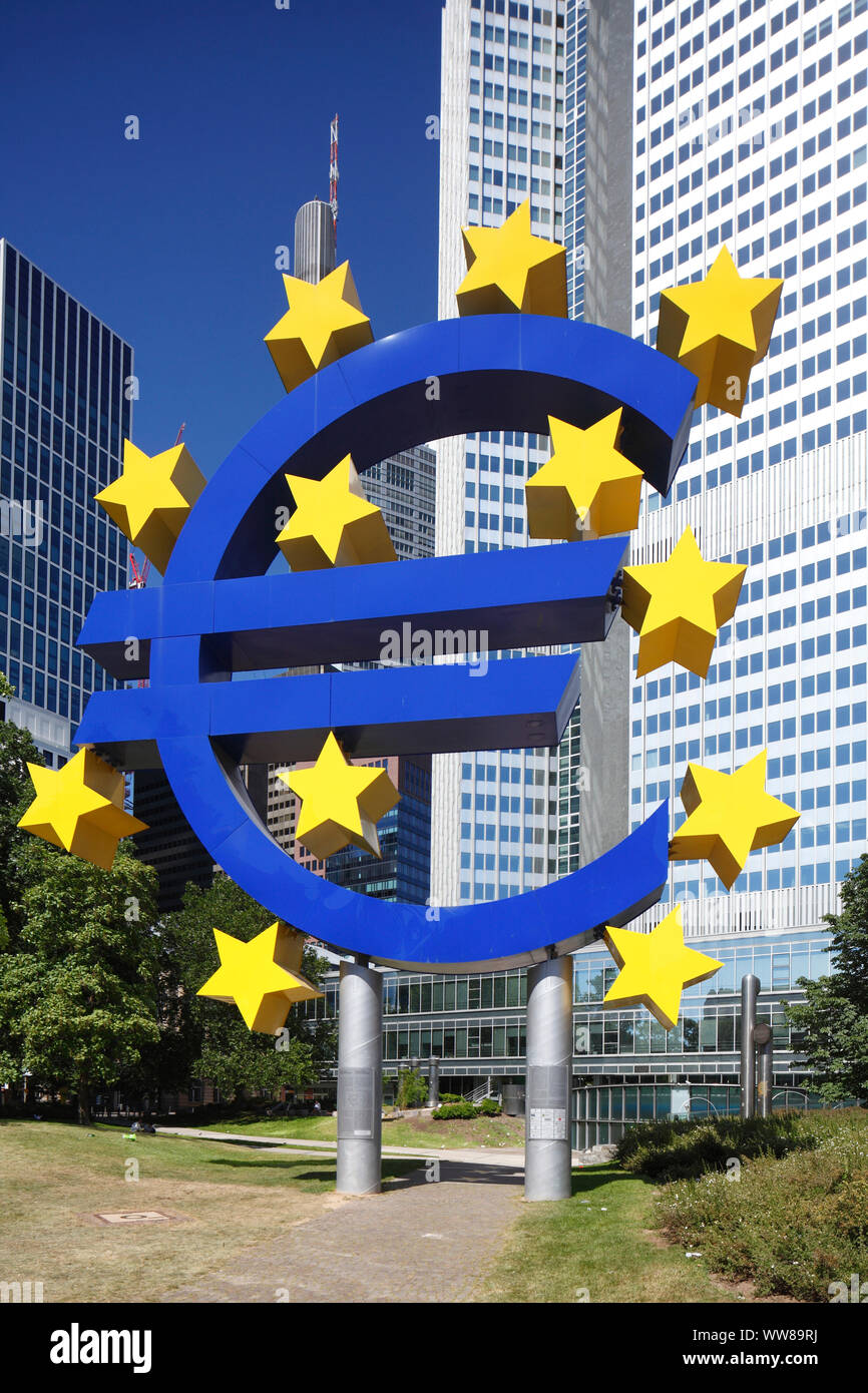 Euro symbol in front of the ECB building, European Central Bank, Eurotower, Frankfurt am Main, Hesse, Germany, Europe Stock Photo