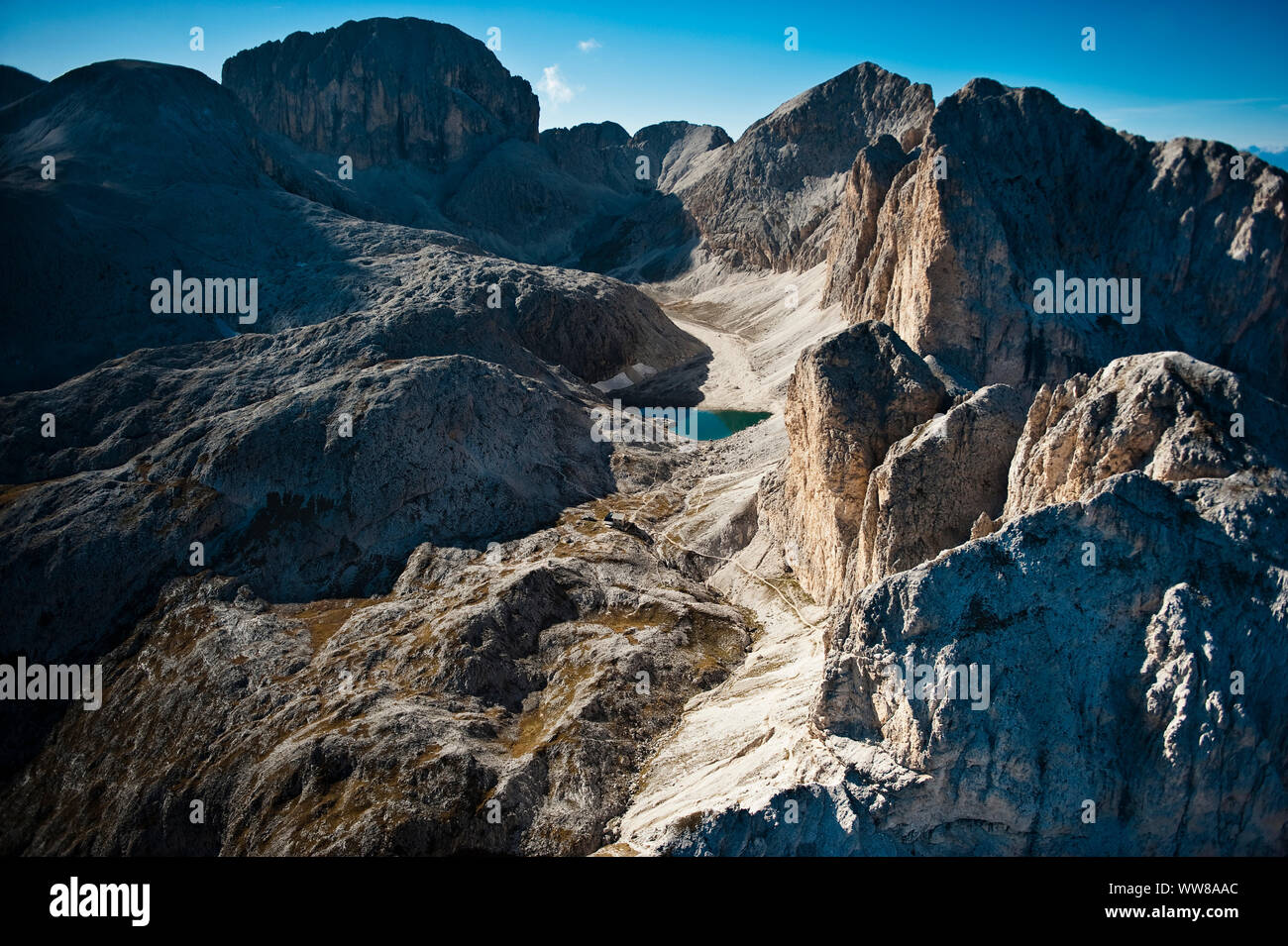 Dolomites, Rosengarten, Valle del Vajolet, Crepe di Lausa, Gran Croh, Mugoni, aerial view, Trentino, Italy Stock Photo