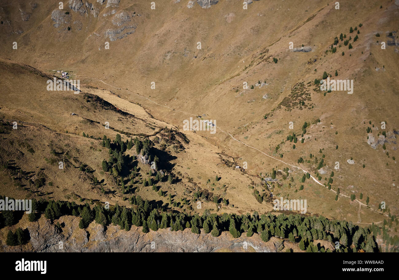 Dolomites, Durontal, Rosengarten, aerial view, Fassa Valley, Campitello, Trentino, Italy Stock Photo