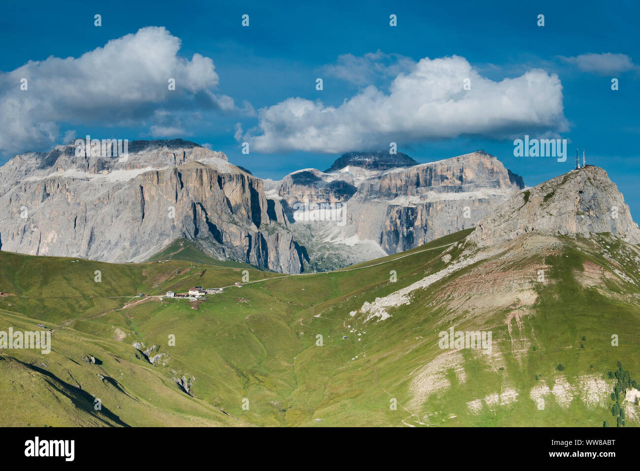 Dolomites, Col Rodella, Sella Group, Piz Boe, Piz Gralba, Piz Sella, Sella Towers, aerial view, Fassa Valley, Campitello, Trentino, Italy Stock Photo