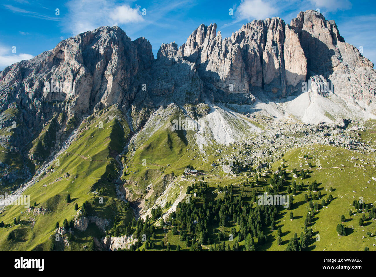 Dolomites, Langkofel Group, Pian di Sass, Grohmann, FÃ¼nffingerspitze, Langkofel, Plattkofel, Zahnkofel, aerial view, Fassa Valley, Campitello, Trentino, Italy Stock Photo