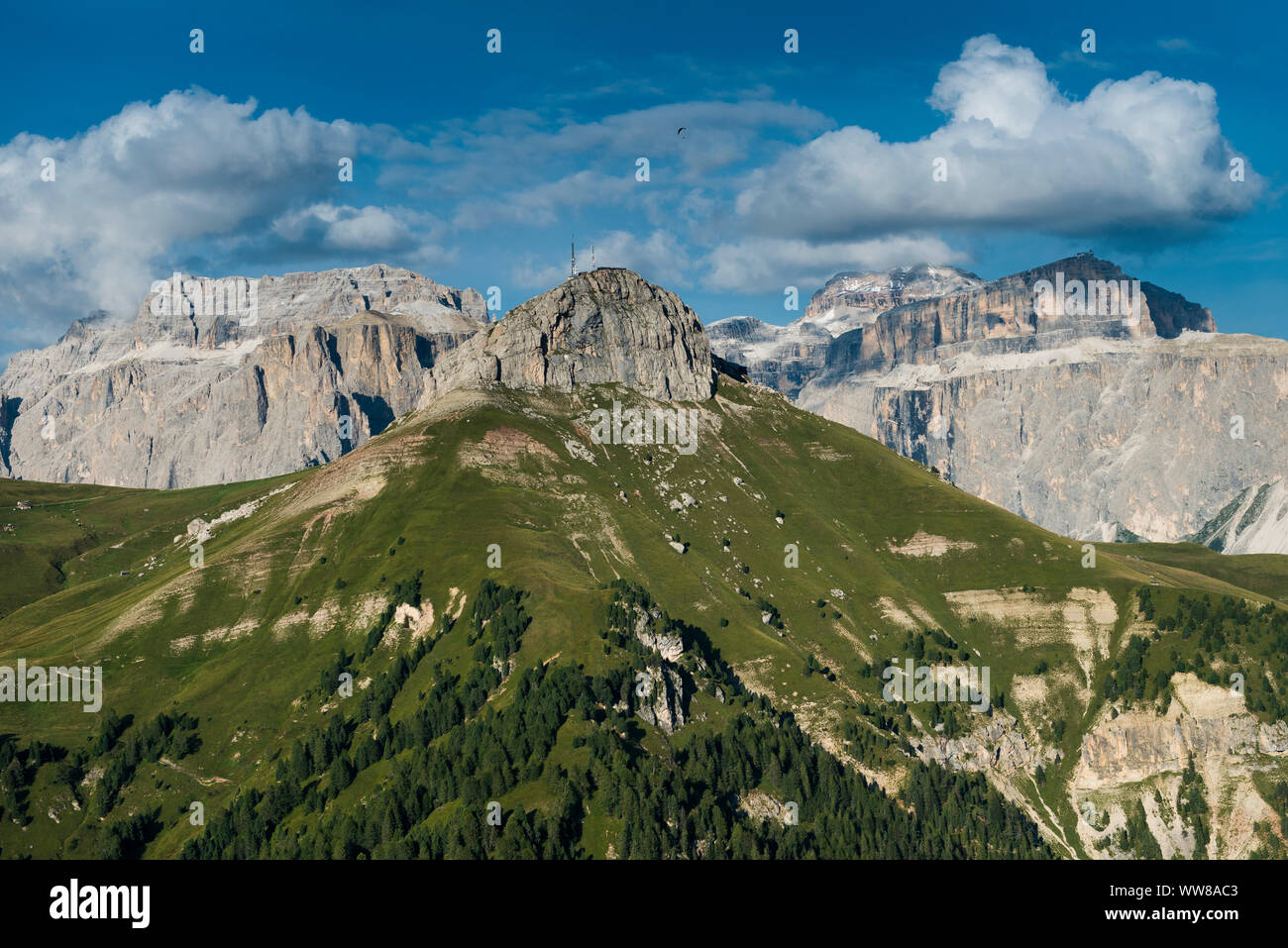 Dolomites, Col Rodella, Sella Group, Piz Boe, Piz Gralba, Piz Sella, Sella Towers, aerial view, Fassa Valley, Campitello, Trentino, Italy Stock Photo