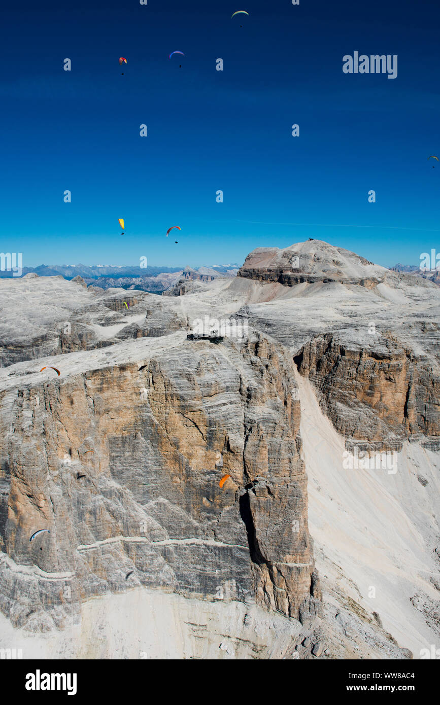 Dolomites, Pordoi peak, Piz Boe, Sella group, Pordoi Pass, paragliding, aerial photography, Canazei, Trentino, Italy Stock Photo