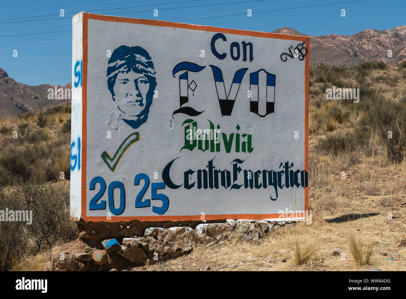 Bolivian political elections for presidency in 2019, advertising Evo Morales for president, Movement for Socialism, MAS,  Party. Stock Photo