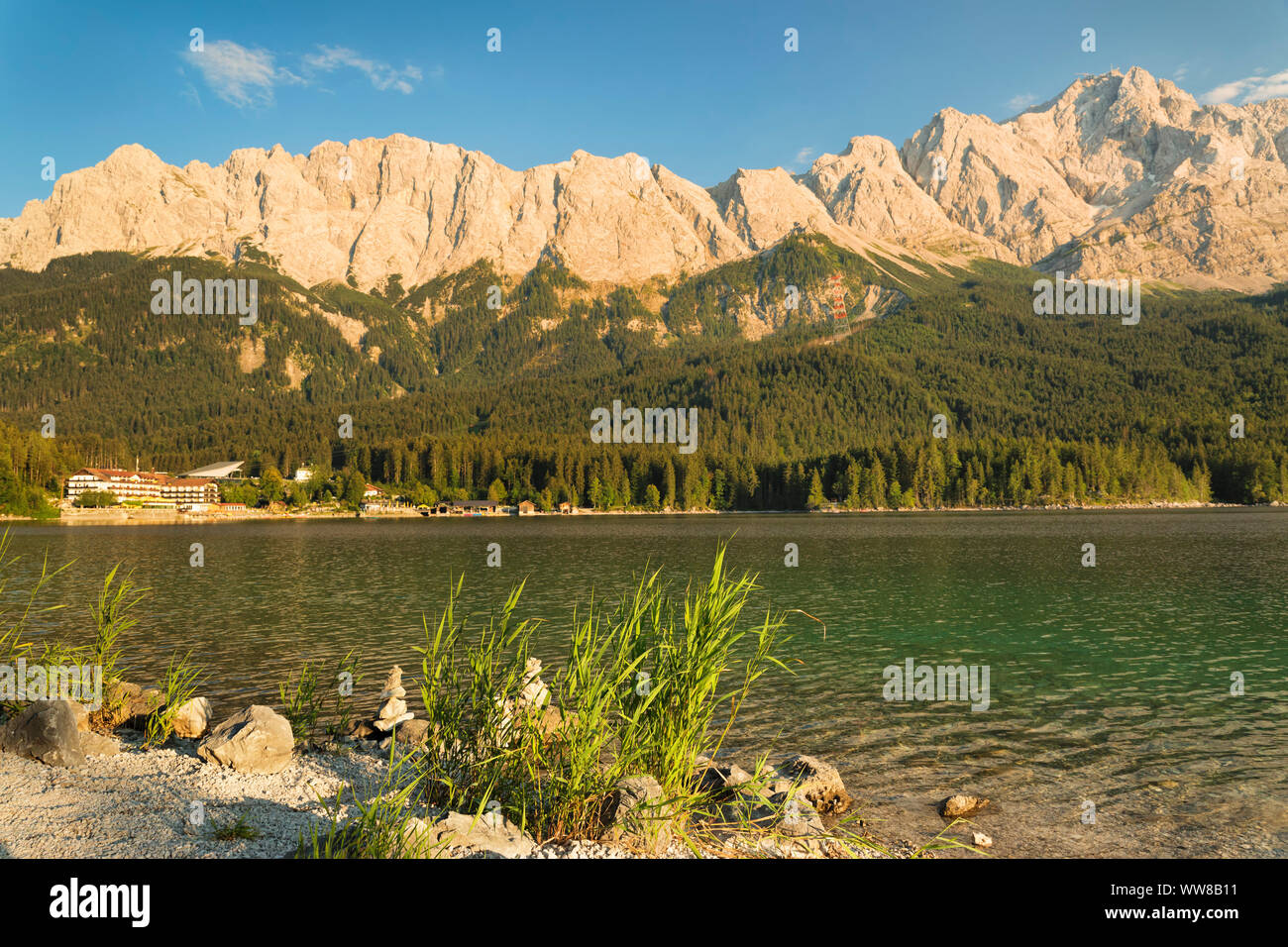 Eibsee against eibsee hotel and wetterstein mountains with zugspitze hi
