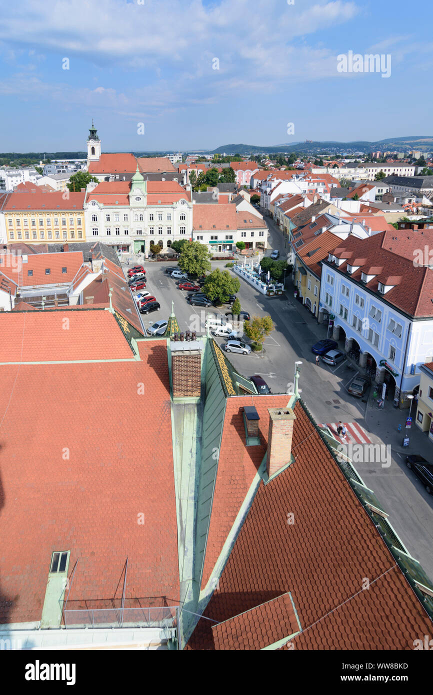 Korneuburg, view from Stadtturm (city tower) to square Hauptplatz, in distance castle Kreuzenstein, Lower Austria, Austria Stock Photo