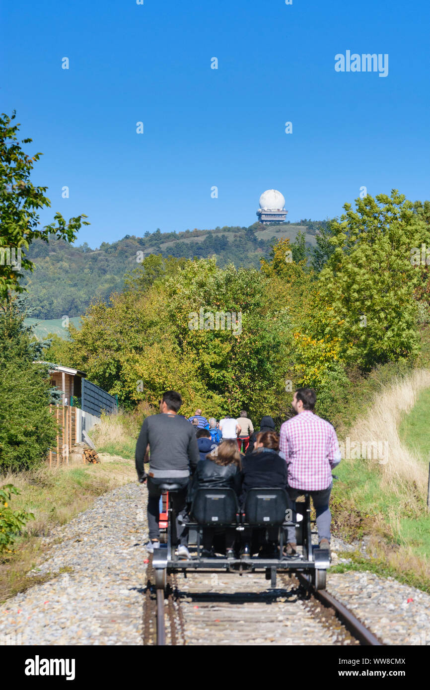 Ernstbrunn, tourists at draisine, railway track, nature park 'Leiser Berge' in Weinviertel (wine quarter), Lower Austria, Austria Stock Photo