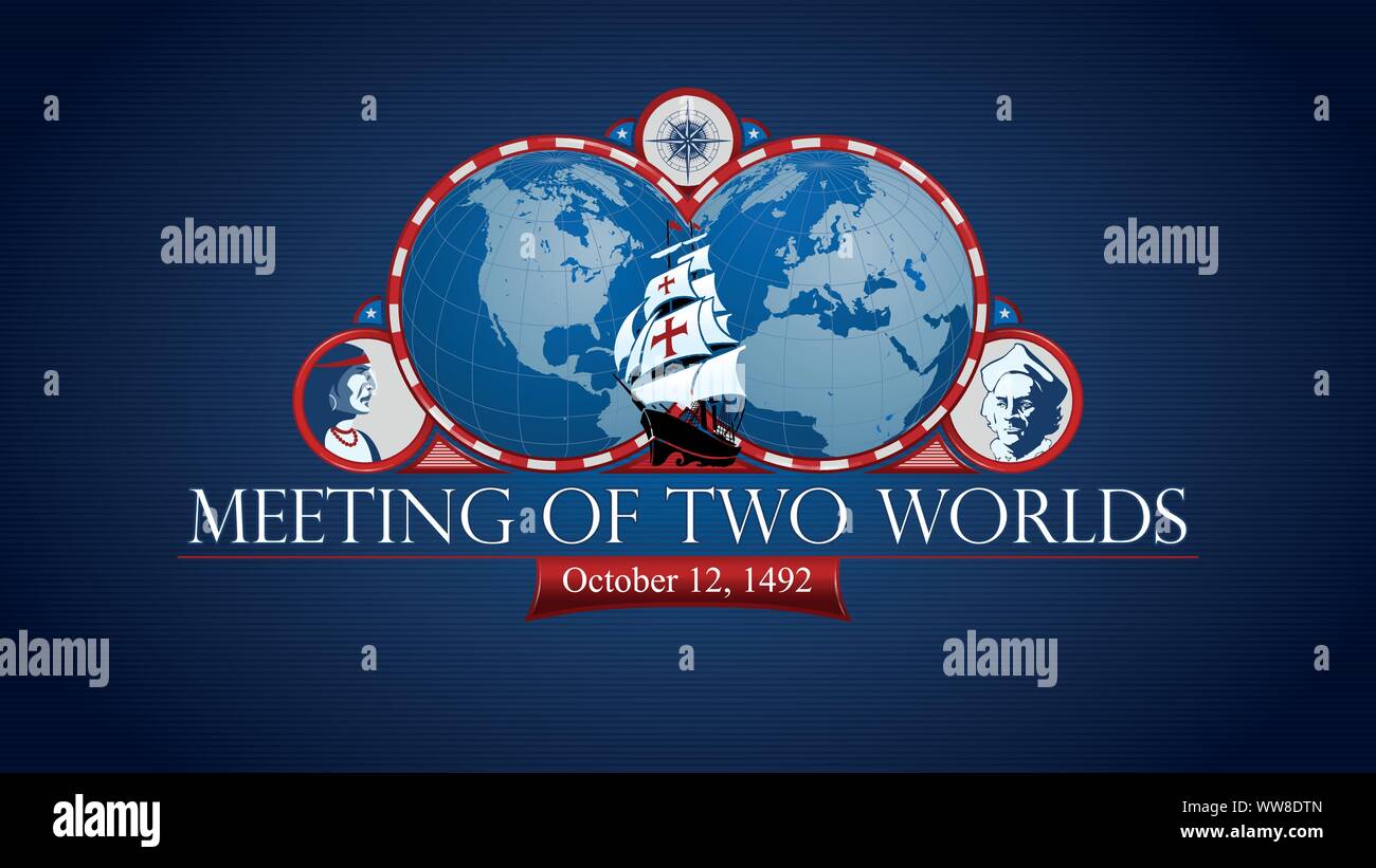 Meeting of two worlds. Commemorative illustration. Map of America and Europe with red frame and caravel in the middle, drawing of an Indian and a Span Stock Vector