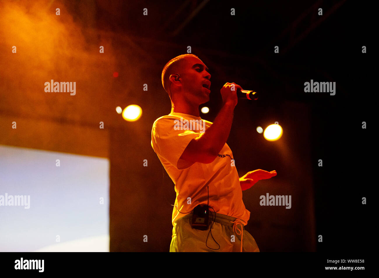 Bologna, ITALY. 13 September, 2019. Italian singer-songwriter Mahmood performs live on September 13, 2019 in Bologna, Italy. Credit: Massimiliano Donati/Alamy Live News Stock Photo