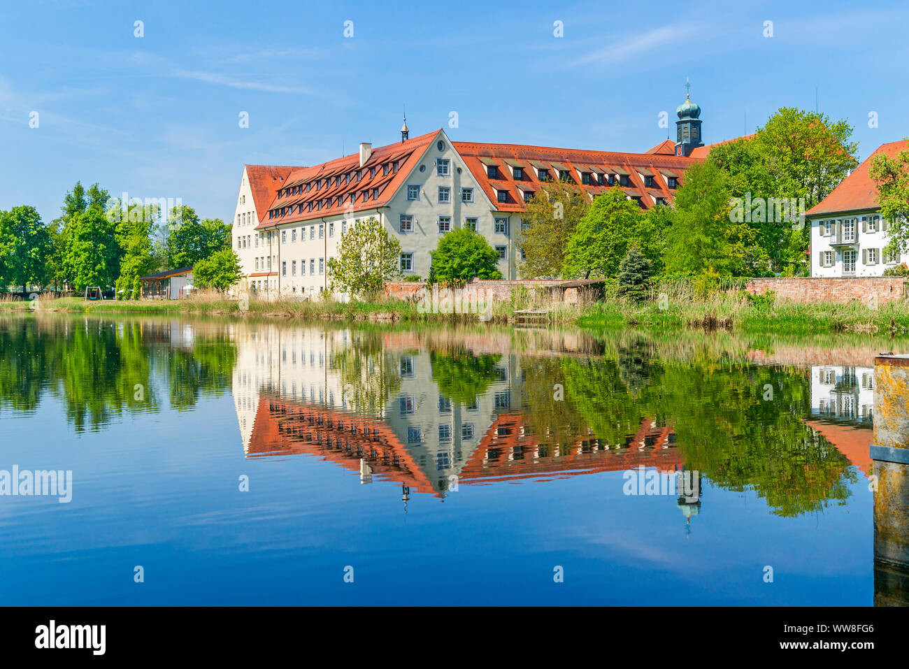Germany, Baden-WÃ¼rttemberg, Wald, monastery Wald, former Cistercian monastery, south view, monastery pond. Today it is a Benedictine monastery, with connected Wald Monastery home school Stock Photo