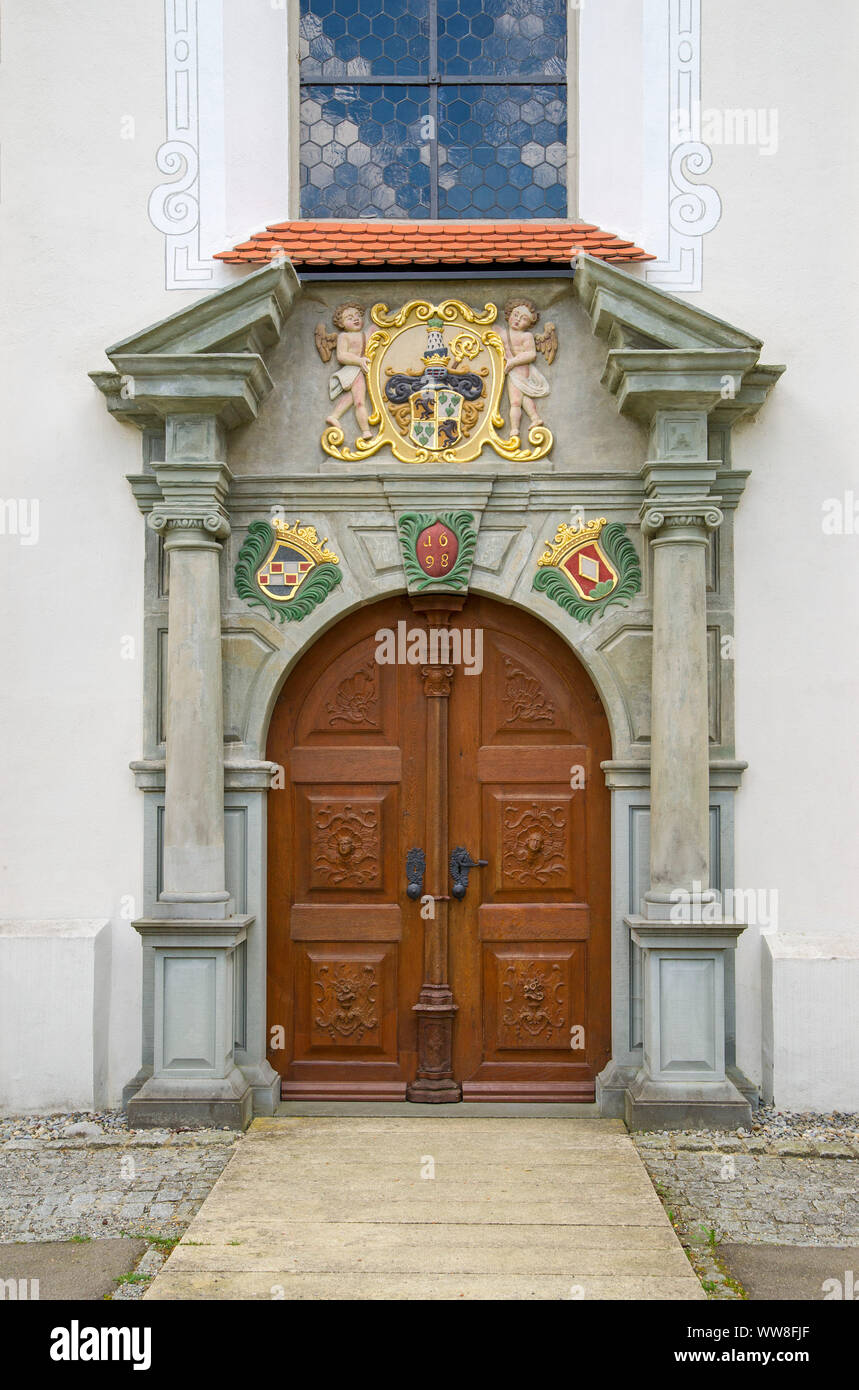 Germany, Baden-WÃ¼rttemberg, Wald, monastery Wald, former Cistercian nunnery, portal from 1698 with the coat of arms of the abbess Maria Jakobe von Bodman (above), and of the founder Burkhard von Weckenstein (right) left of the Cistercian beams Stock Photo