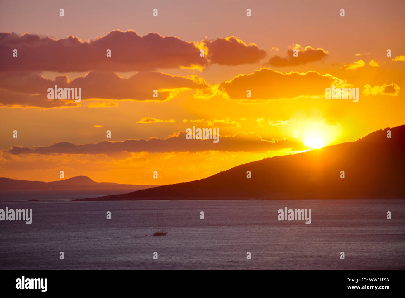 Sunset above Black island (Turkey) and Kos (Greece) to the left, Seen ...