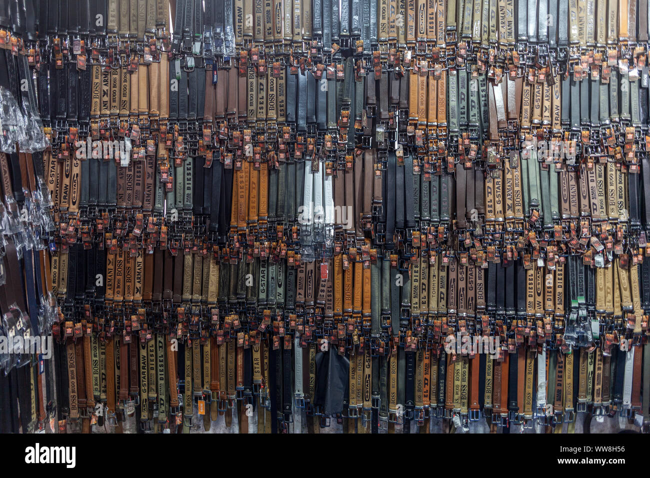 Collection of many leather belts at a stand, Bodrum, Turkey, Stock Photo