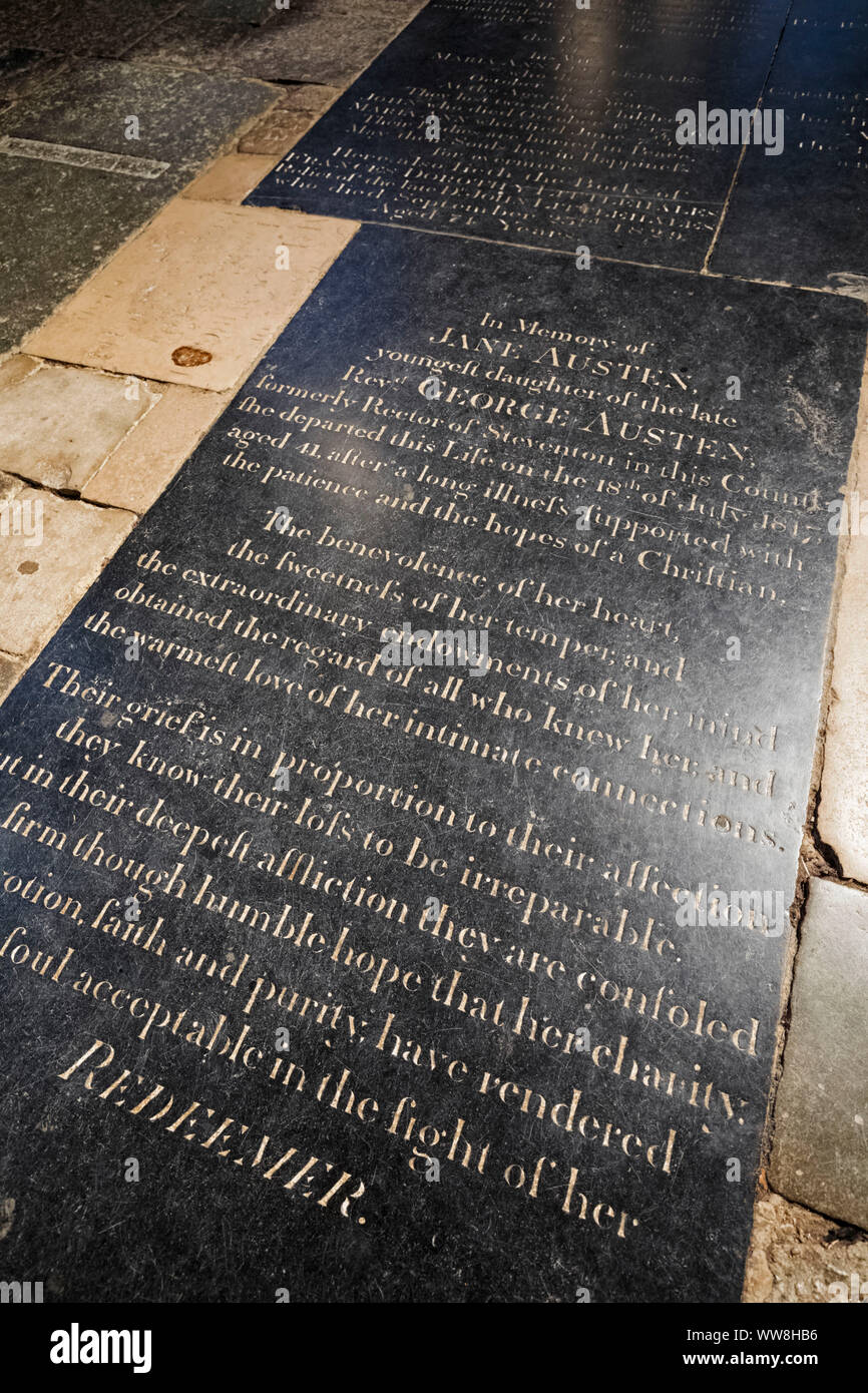 England, Hampshire, Winchester, Winchester Cathedral, Jane Austen Memorial Stone Stock Photo