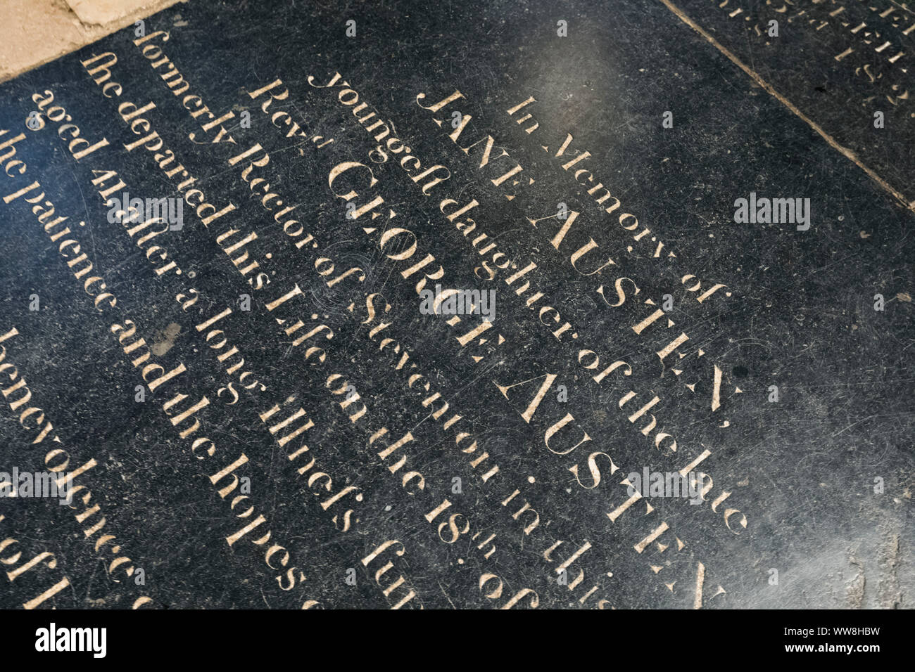England, Hampshire, Winchester, Winchester Cathedral, Jane Austen Memorial Stone Stock Photo