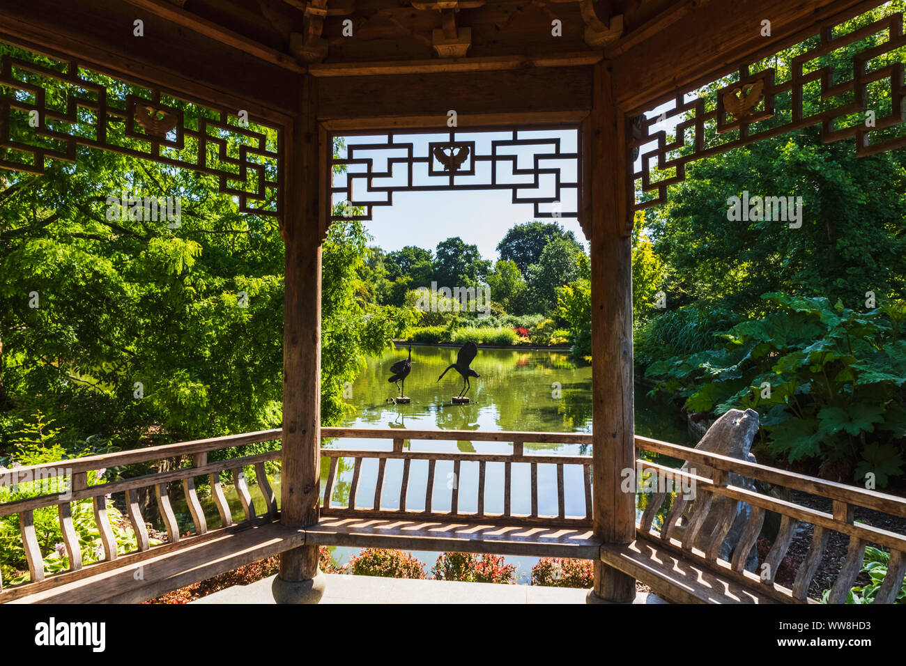 England, Surrey, Guildford, Wisley, The Royal Horticultural Society Garden, Seven Acres Pond and The Japanese Pagoda Stock Photo