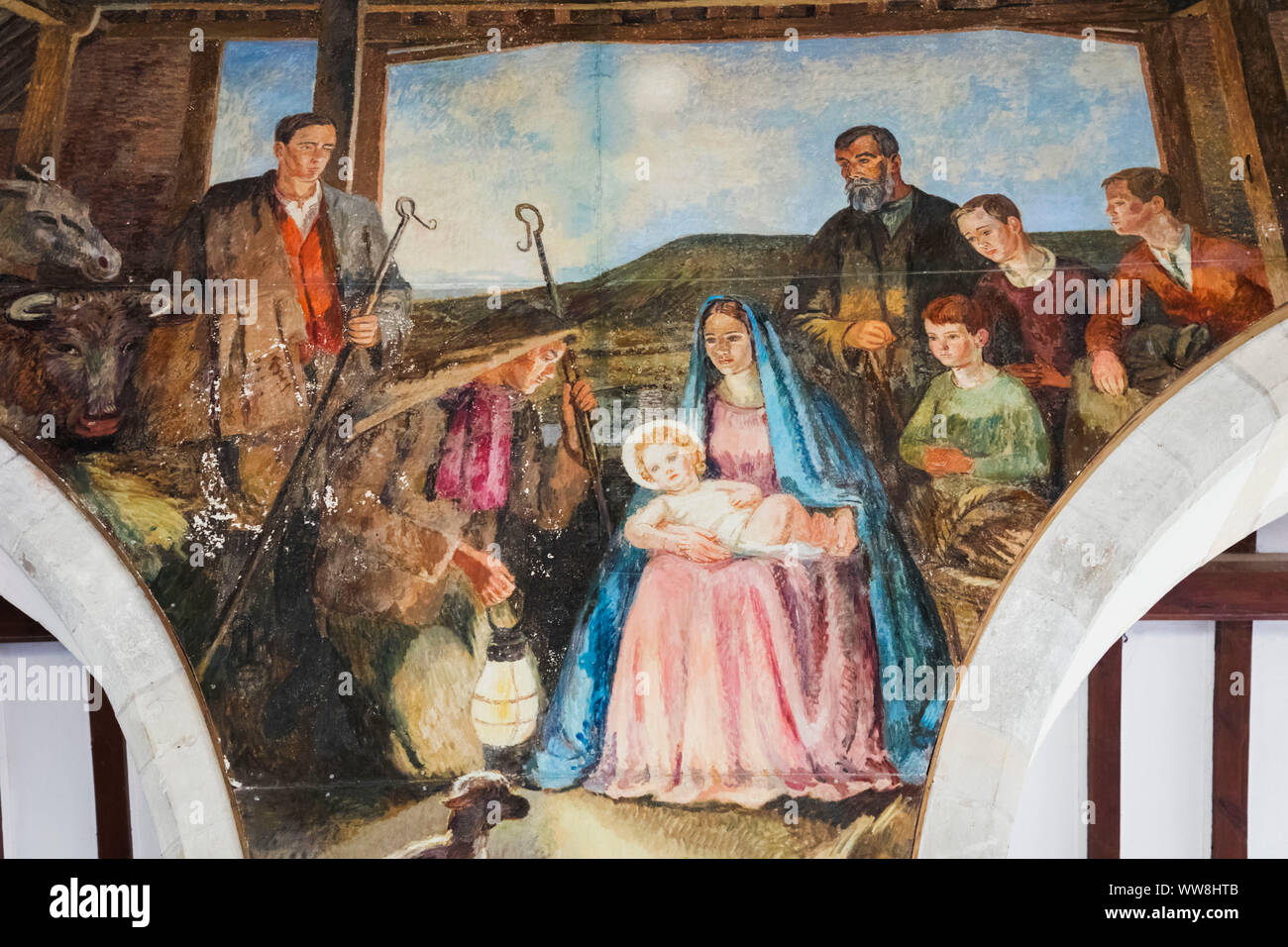 England, East Sussex, Polegate, Berwick, St.Michael and All Angels Church, Wall Painting of The Nativity by the Bloomsbury Set Artist Vanessa Bell dated dated 1941 Stock Photo