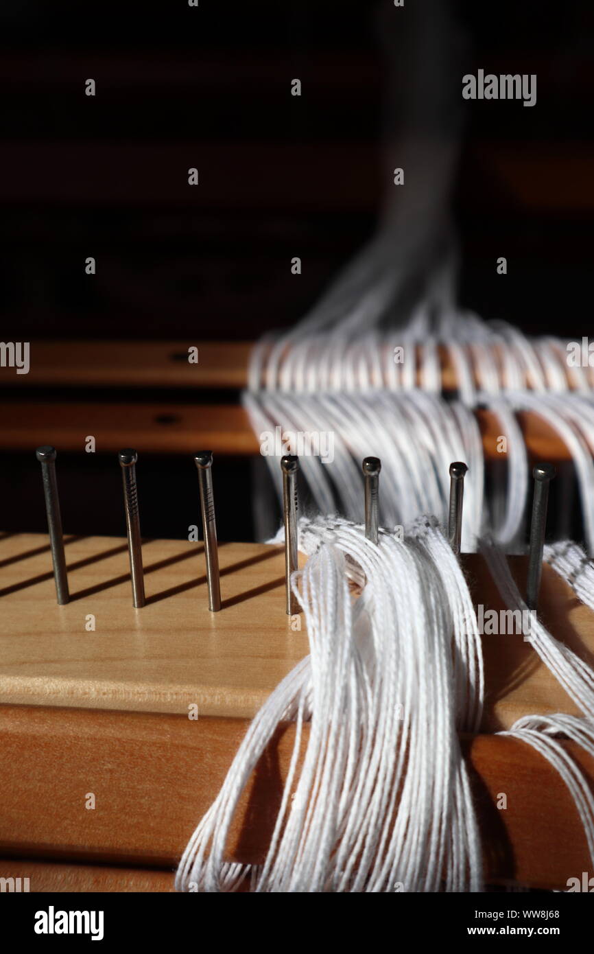 white cotton warp being dressed on the loom with a focus on the raddle ...