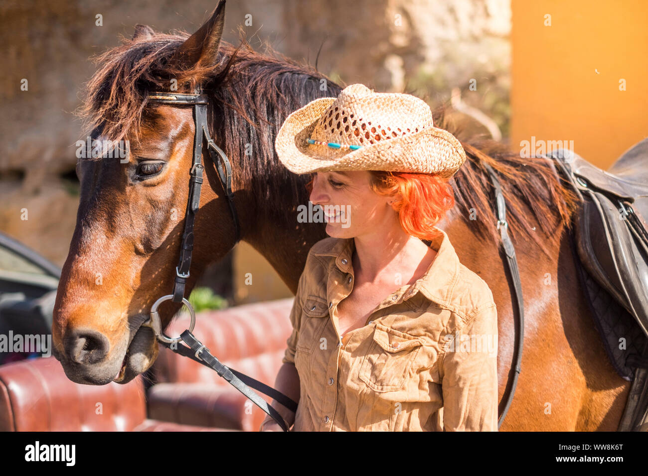 cheerful young lady in countryside prepare to ride her beautiful brown ...