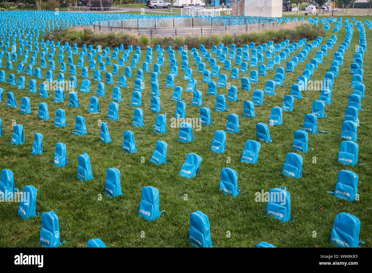 New York, New York, USA. 13th Sep, 2019. UNICEF Intervention at UN  Headquarters in New York - View of 3,758 UNICEF-mounted school bags as a  facility at UN Headquarters to resemble headstones