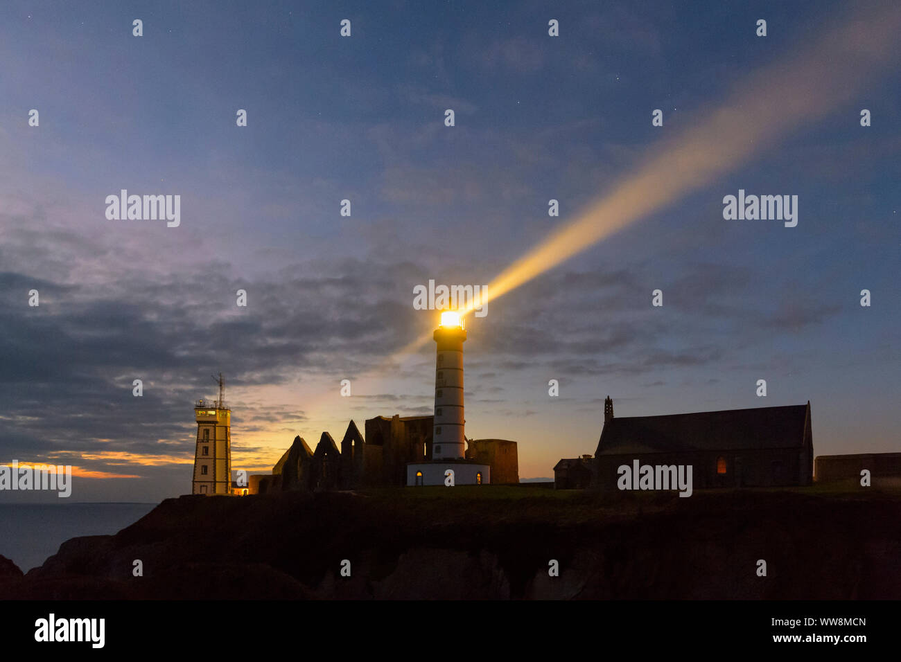 Lighthouse in the evening with beacon, Saint Mathieu lighthouse with ...