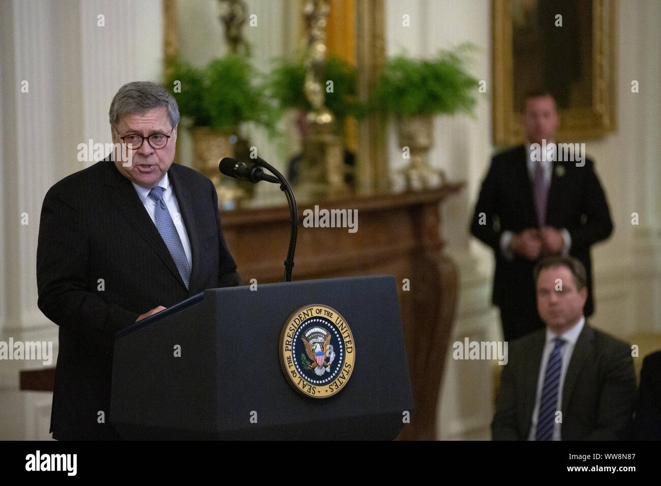 September 9, 2019, Washington, District of Columbia, USA: United States Attorney General William P. Barr speaks during a ceremony in the East Room at the White House in Washington D.C., U.S. on September 9, 2019.  ..Credit: Stefani Reynolds / CNP/AdMedia (Credit Image: © Stefani Reynolds/AdMedia via ZUMA Wire) Stock Photo