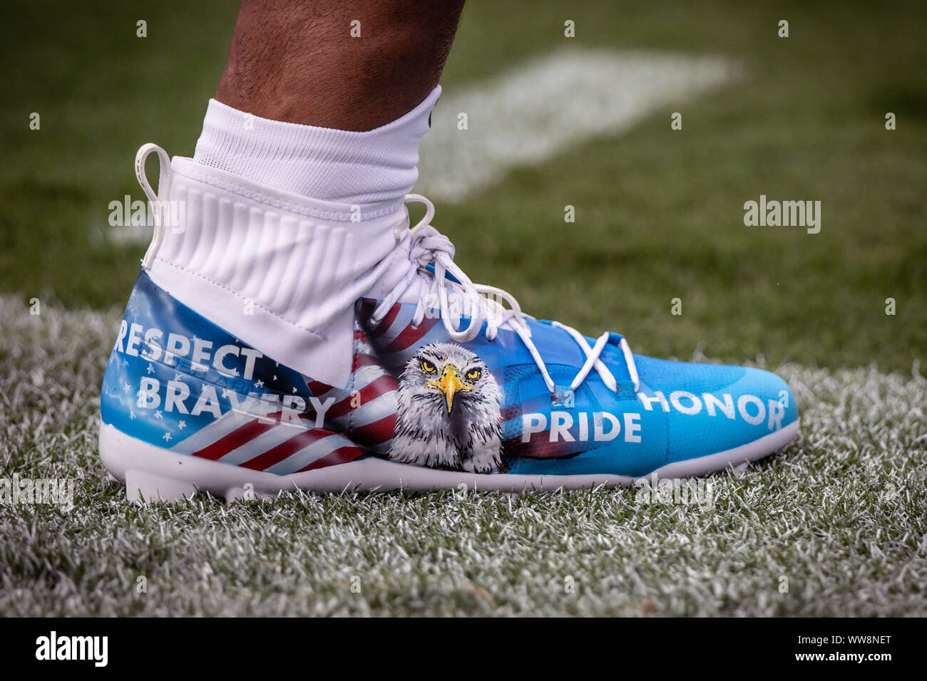 Charlotte, North Carolina, USA. 12th Sep, 2019. Carolina Panthers  quarterback Cam Newton (1) custom 911 Under