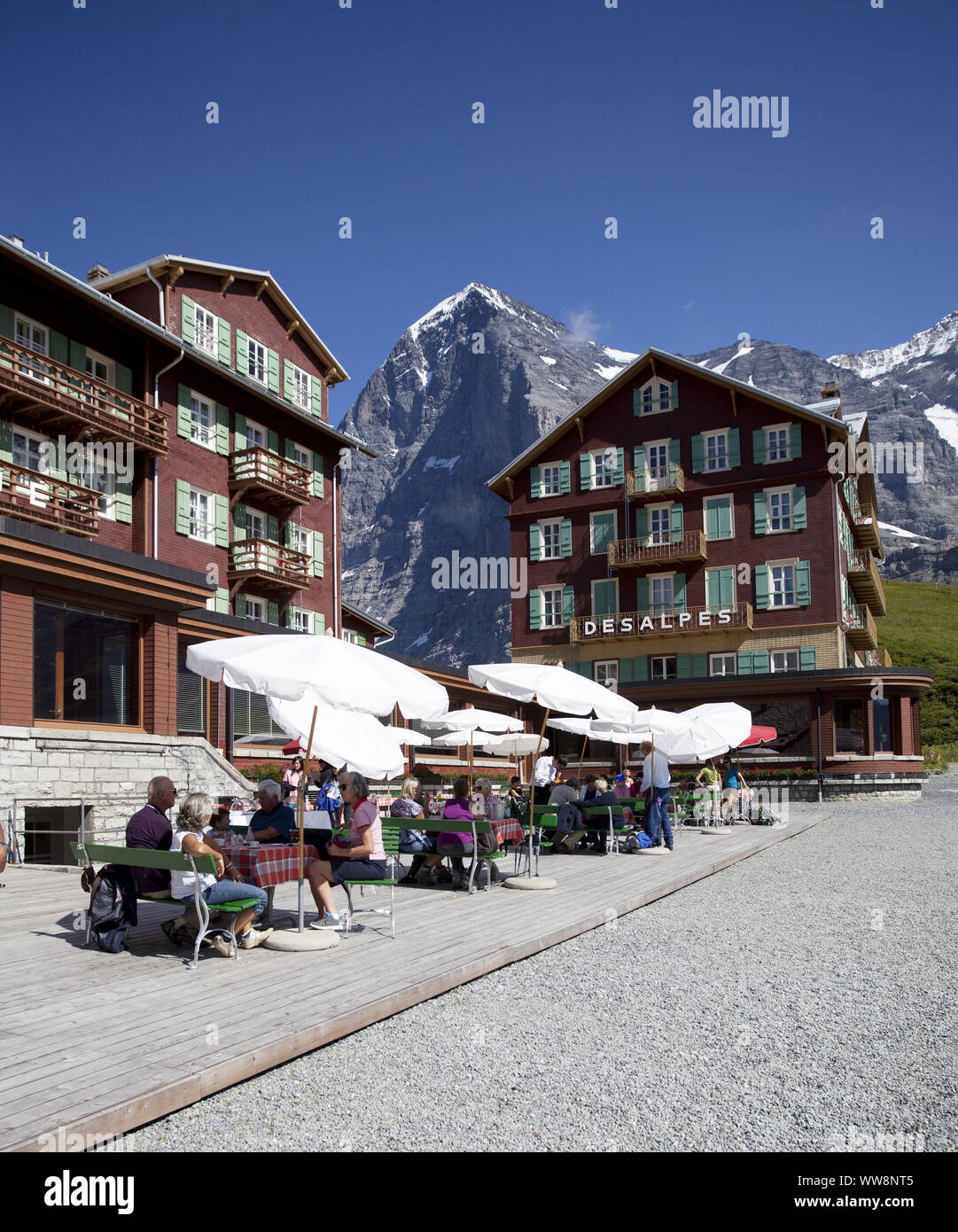 Hotels on Kleine Scheidegg Mountain Pass with views of Eiger Mountain, Grindelwald, Bernese Highlands, Canton of Bern, Switzerland Stock Photo