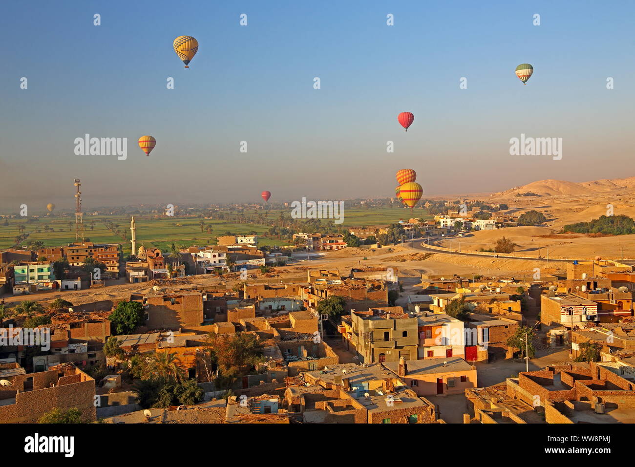 Hot air balloons over fruit land and desert edge with Fellachendorf in Theben-West, Luxor, Upper Egypt, Egypt Stock Photo