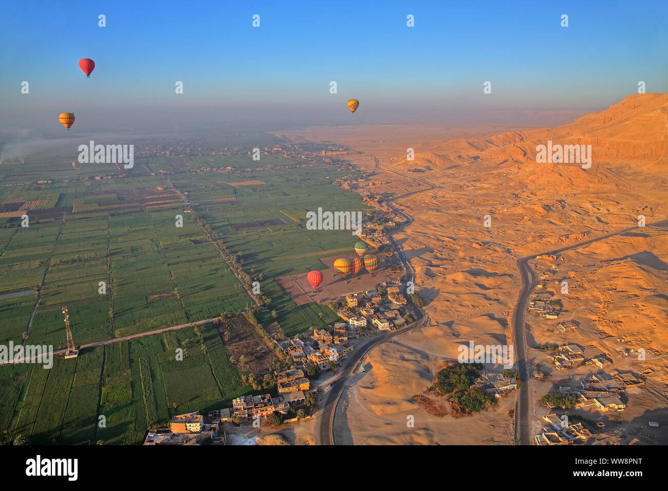 Hot air balloons over fruit land and desert edge in Thebes-West, Luxor, Upper Egypt, Egypt Stock Photo