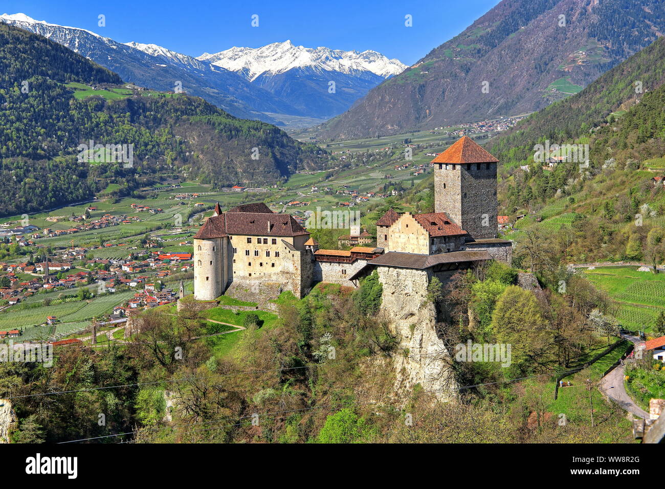 Castle Tyrol above the Adige Valley with views of the Vinschgau, Dorf Tirol, Burggrafenamt, South Tyrol, Italy Stock Photo