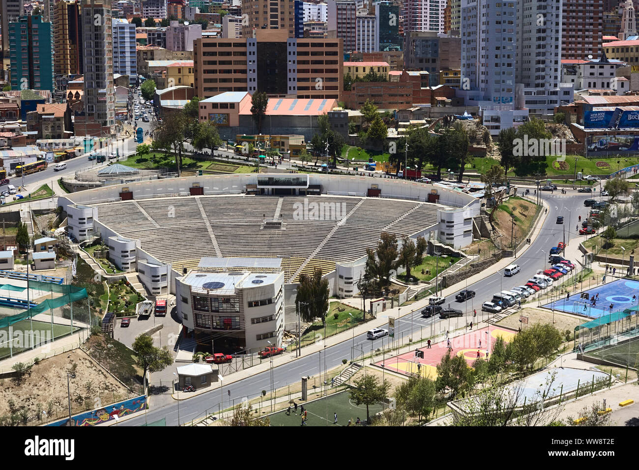 LA PAZ, BOLIVIA - OCTOBER 14, 2014: Open air theater next to the Parque Urbano Central (Central Urban Park) along Avenida del Poeta in La Paz, Bolivia Stock Photo