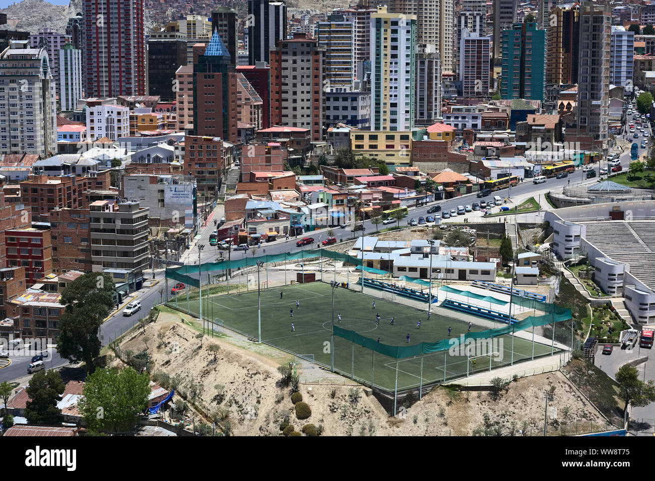 LA PAZ, BOLIVIA - OCTOBER 14, 2014: Cancha Zapata soccer field along Zapata avenue close to the Parque Urbano Central in La Paz, Bolivia Stock Photo