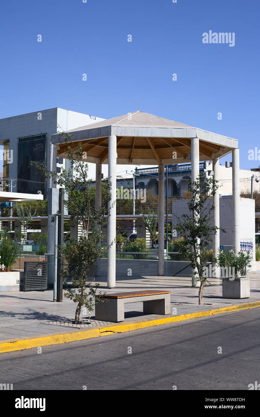 IQUIQUE, CHILE - FEBRUARY 11, 2015: Small pavillon on the square located on the corner of Eleuterio Ramirez and Tarapaca streets on February 11, 2015 Stock Photo
