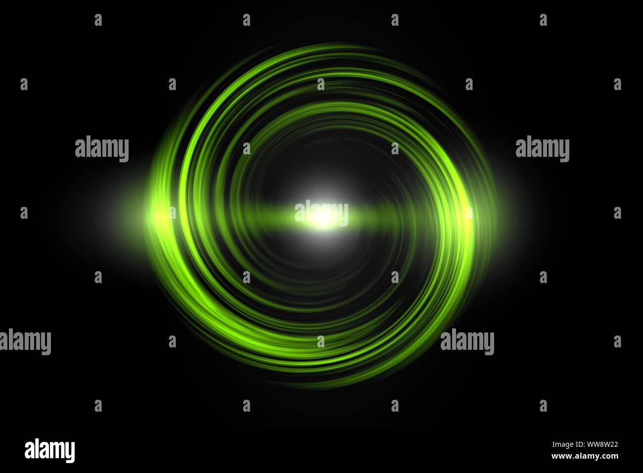 Glowing green spiral with light circle on black sky backdrop, abstract ...