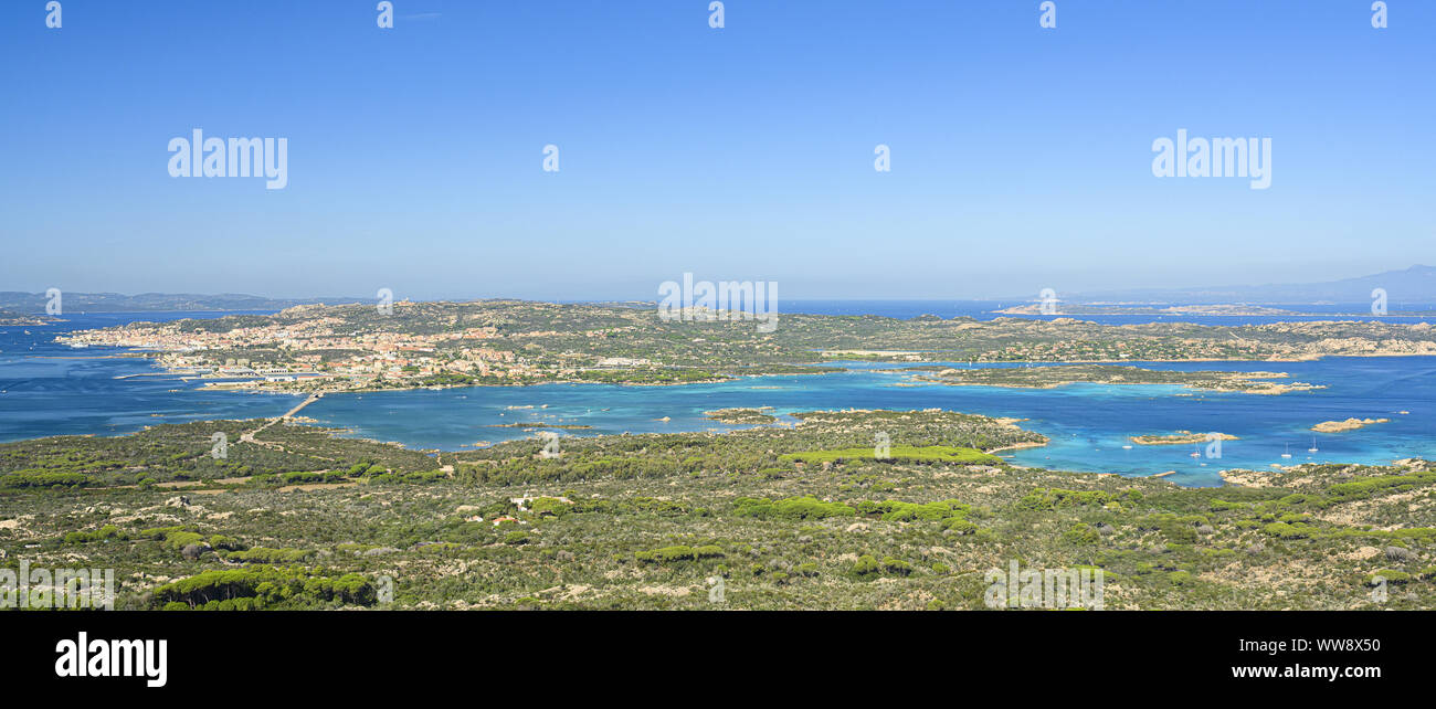 View from above, stunning aerial view of La Maddalena Archipelago with its beautiful bays bathed by a turquoise clear water. La Maddalena Archipelago. Stock Photo