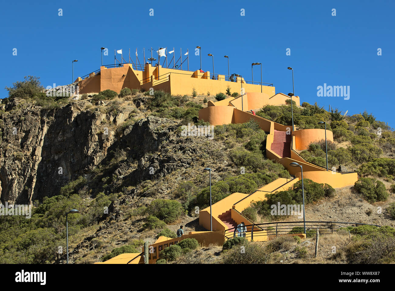 CHILE CHICO, CHILE - FEBRUARY 21, 2016: Plaza del Viento (Square of the Wind) scenic viewpoint and the stairs leading up to it in Chile Chico, Chile Stock Photo