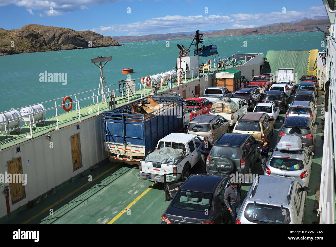 LAGO GENERAL CARRERA, CHILE - FEBRUARY 20, 2016: La Tehuelche car ferry going from Puerto Ibanez to Chile Chico on Lago General Carrera Lake in Chile Stock Photo