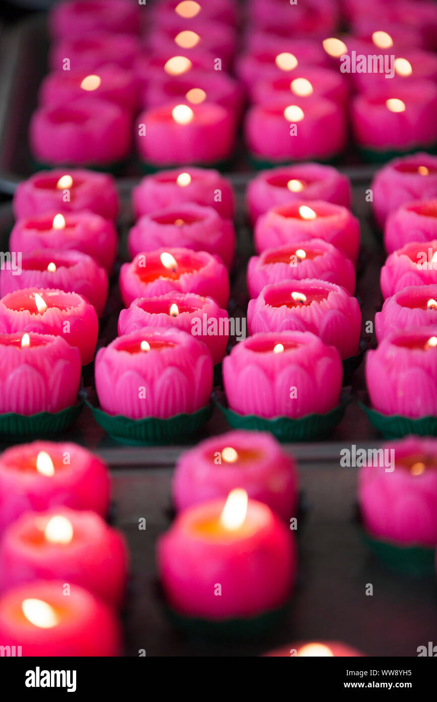 Religious worship pink lotus shaped candles lit in worm yellow light Stock  Photo - Alamy