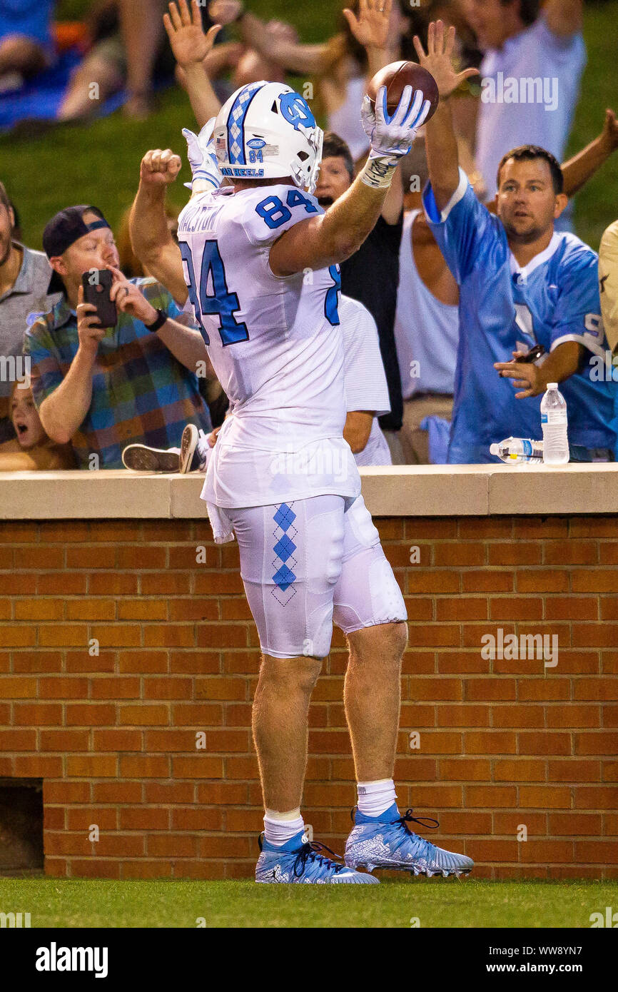 Winston-Salem, NC, USA. 13th Sep, 2019. North Carolina Tar Heels tight end Garrett Walston (84) celebrates after bring his team within two points in the fourth quarter of the NCAA matchup at BB&T Field in Winston-Salem, NC. (Scott Kinser/Cal Sport Media) Credit: csm/Alamy Live News Stock Photo
