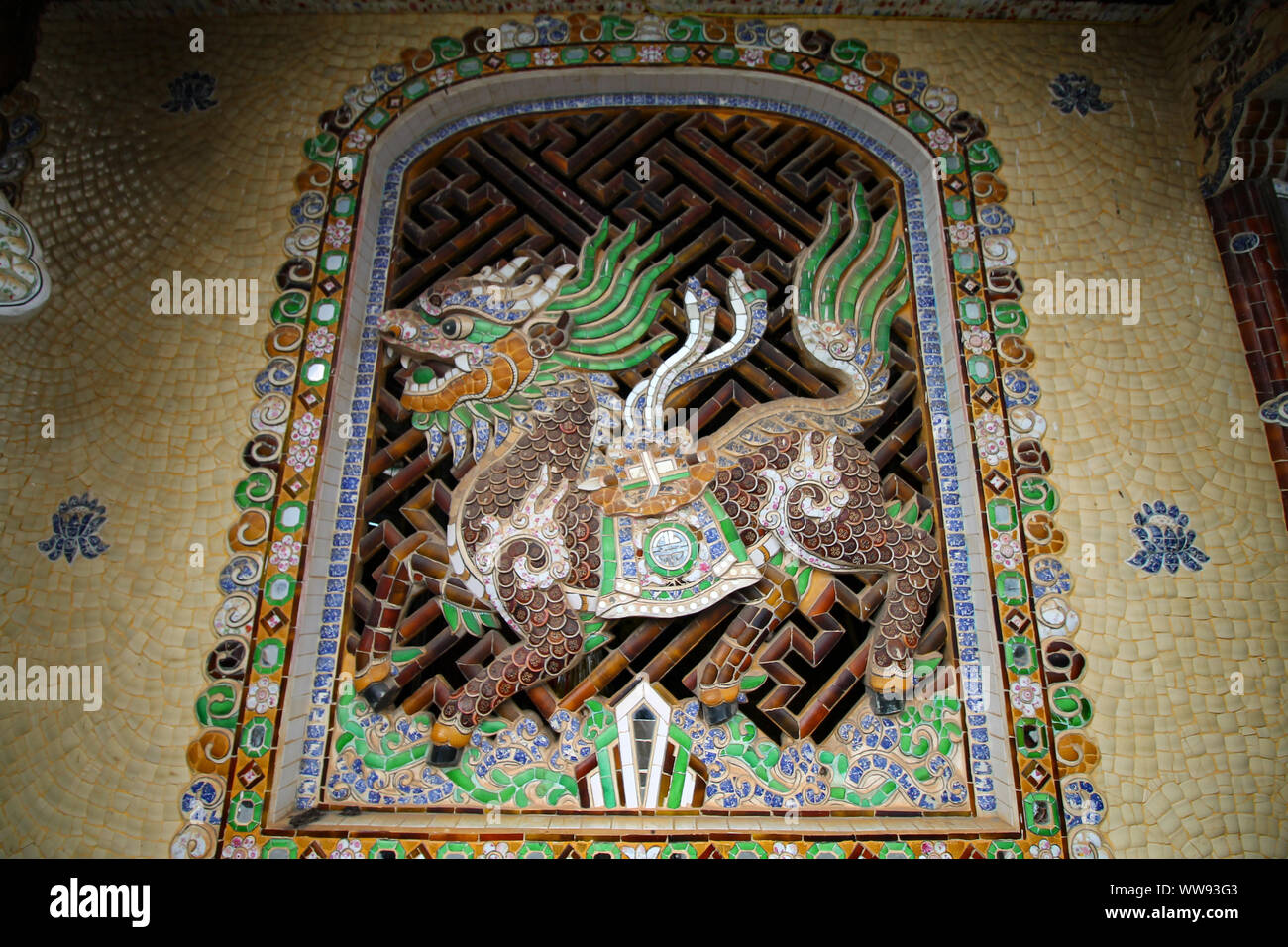 Mosaic dragon sculpture in Linh Phuoc Pagoda also known as Ve Chai Pagoda which is a popular free tourist attraction in Trai Mat District in Da Lat, V Stock Photo