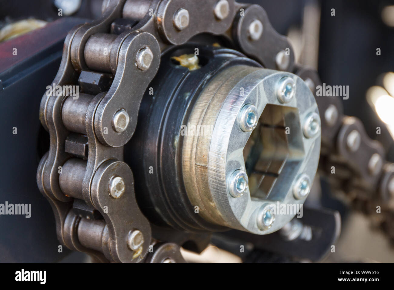 Timing chain in car or other industrial machinery. Technology and part of engine concept Stock Photo