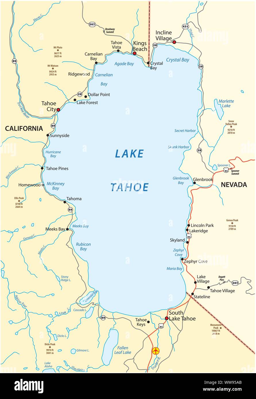 Map of Lake Tahoe, located between the US states of California and Nevada Stock Vector