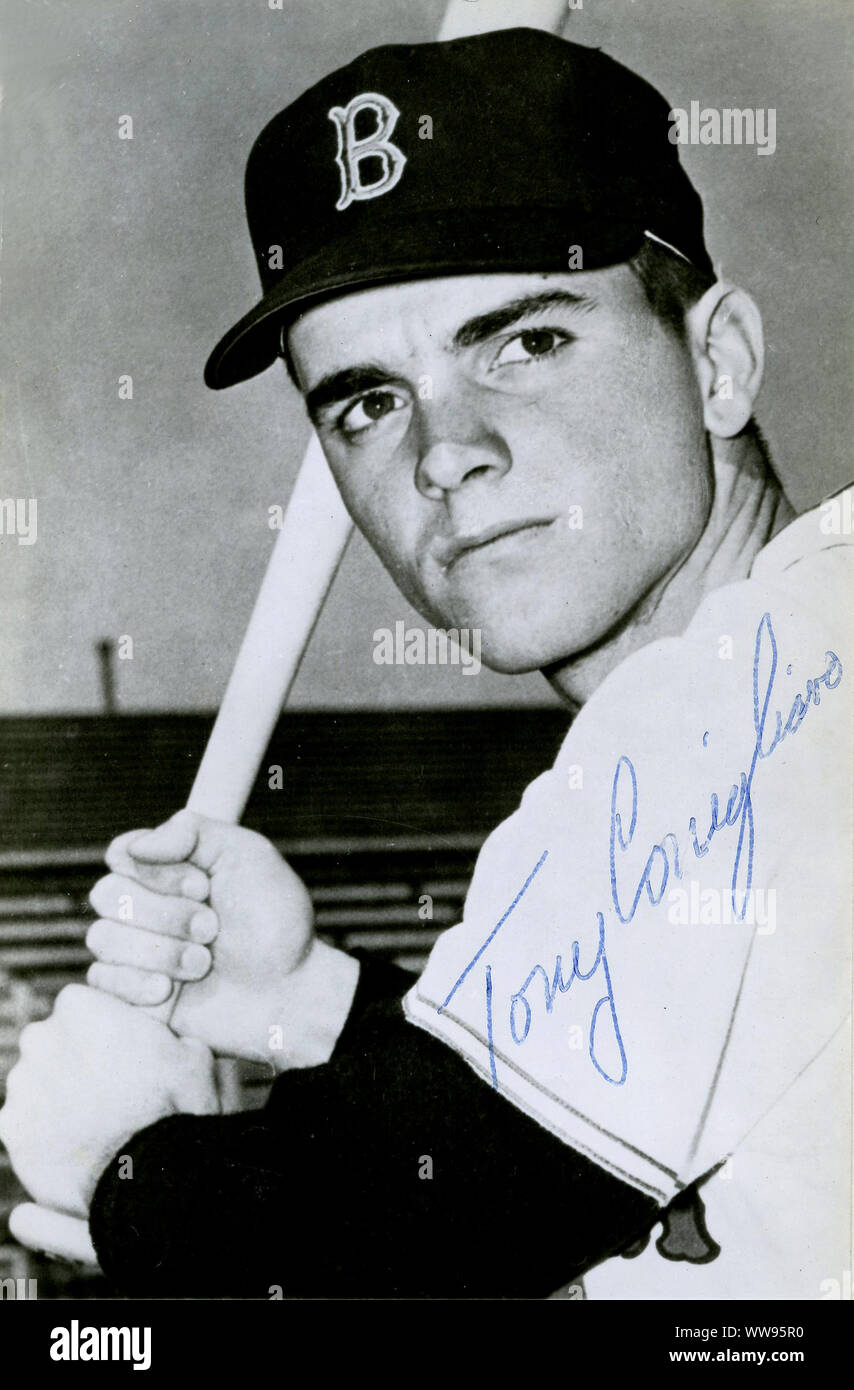 Autographed photo of Tony Conigliaro who as a young rising star player with the Boston Red Sox in the 1960's was hit in the face with a pitch and never regained his status, though he played again until the mid 1970's. Stock Photo