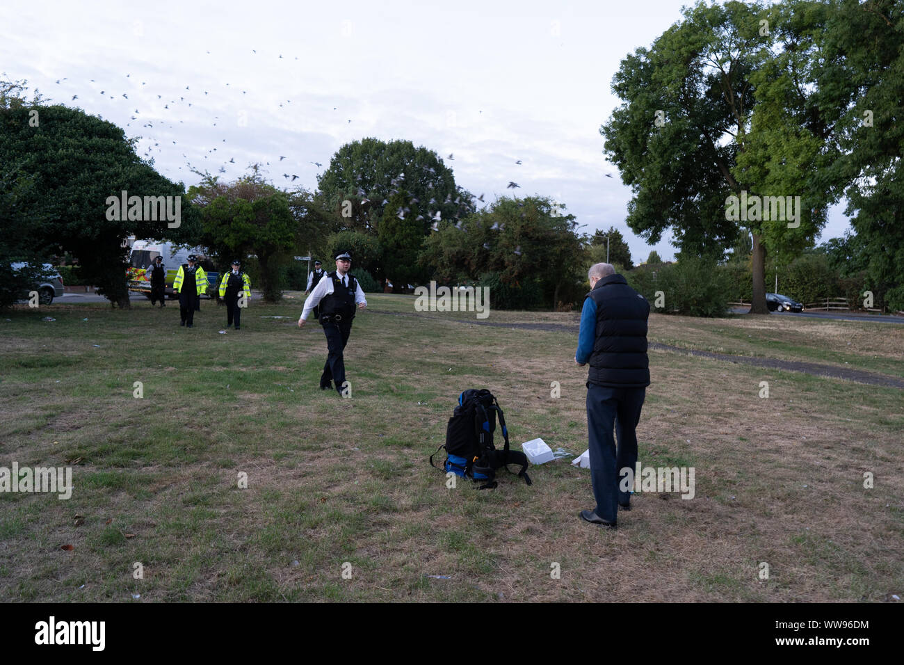 London, UK. 13th Sep, 2019. Police are seen arriving at the site of a protester flying a drone near to Heathrow Airport.Heathrow Pause protesters are seen attempting to fly drones next to Heathrow Airport. Police were called by the protesters to alert the police about the location of the attacks. The police arrested the protesters and took them to nearby police cells. The drones did not fly more than a few feet and unconfirmed reports suggest that signal jammers were used to ensure that the drones were unable to pose any real threat to the airport. Credit: SOPA Images Limited/Alamy Live News Stock Photo