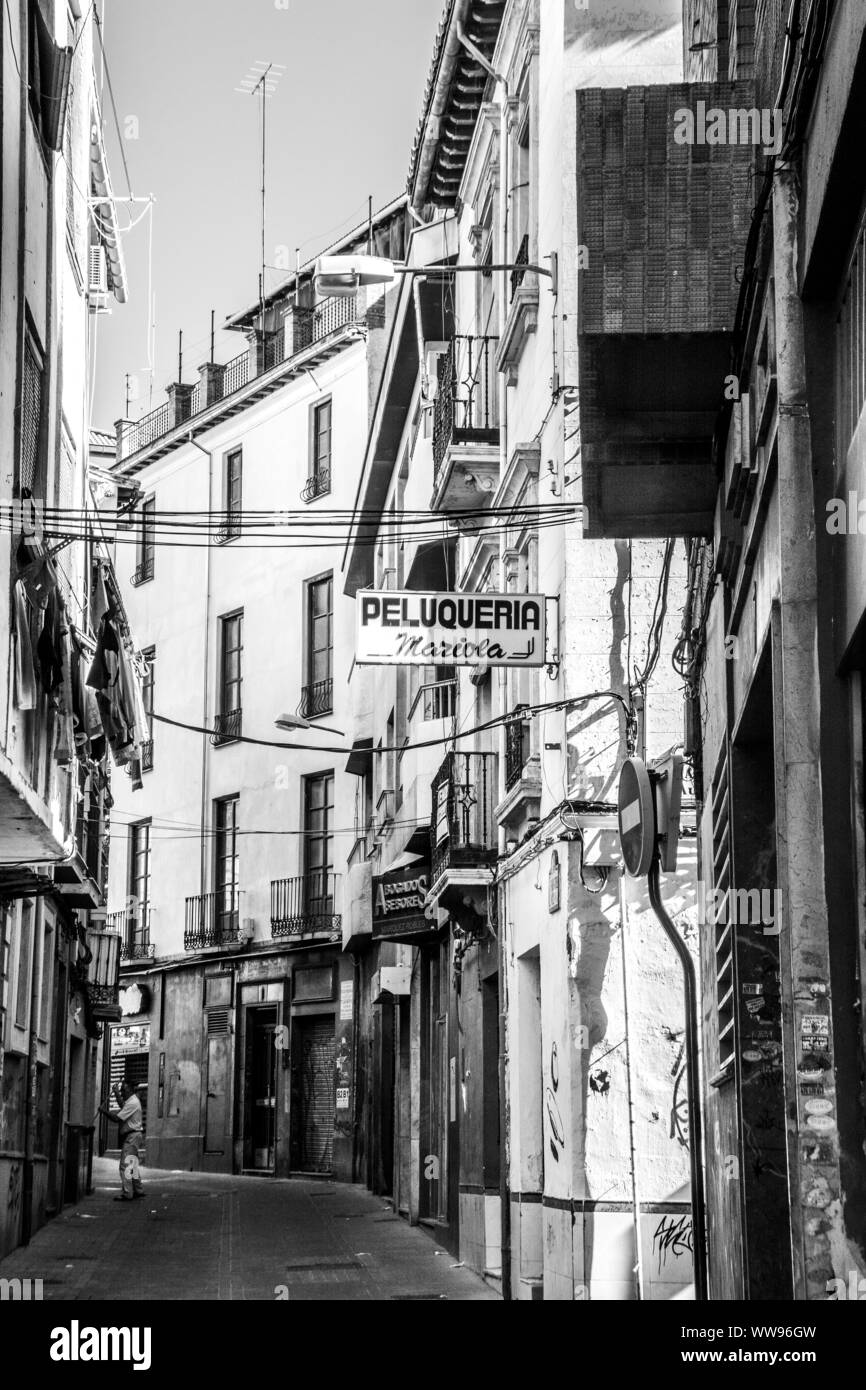 A black and white image of some buildings in Granada, Spain. Stock Photo