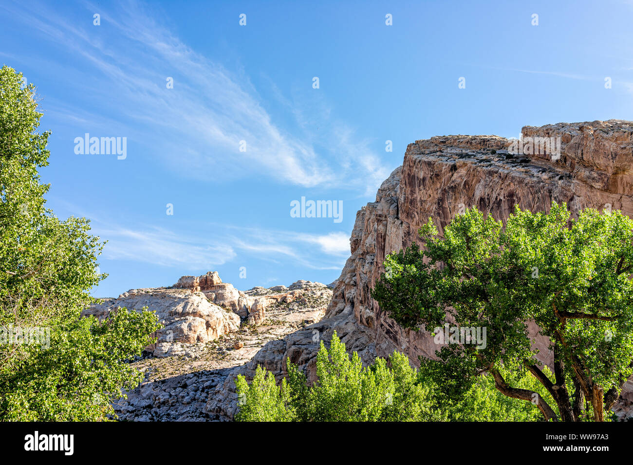 View from Desert Voices Nature Trail and Split Mountain Campground in summer in Dinosaur National Monument Park in Utah Stock Photo